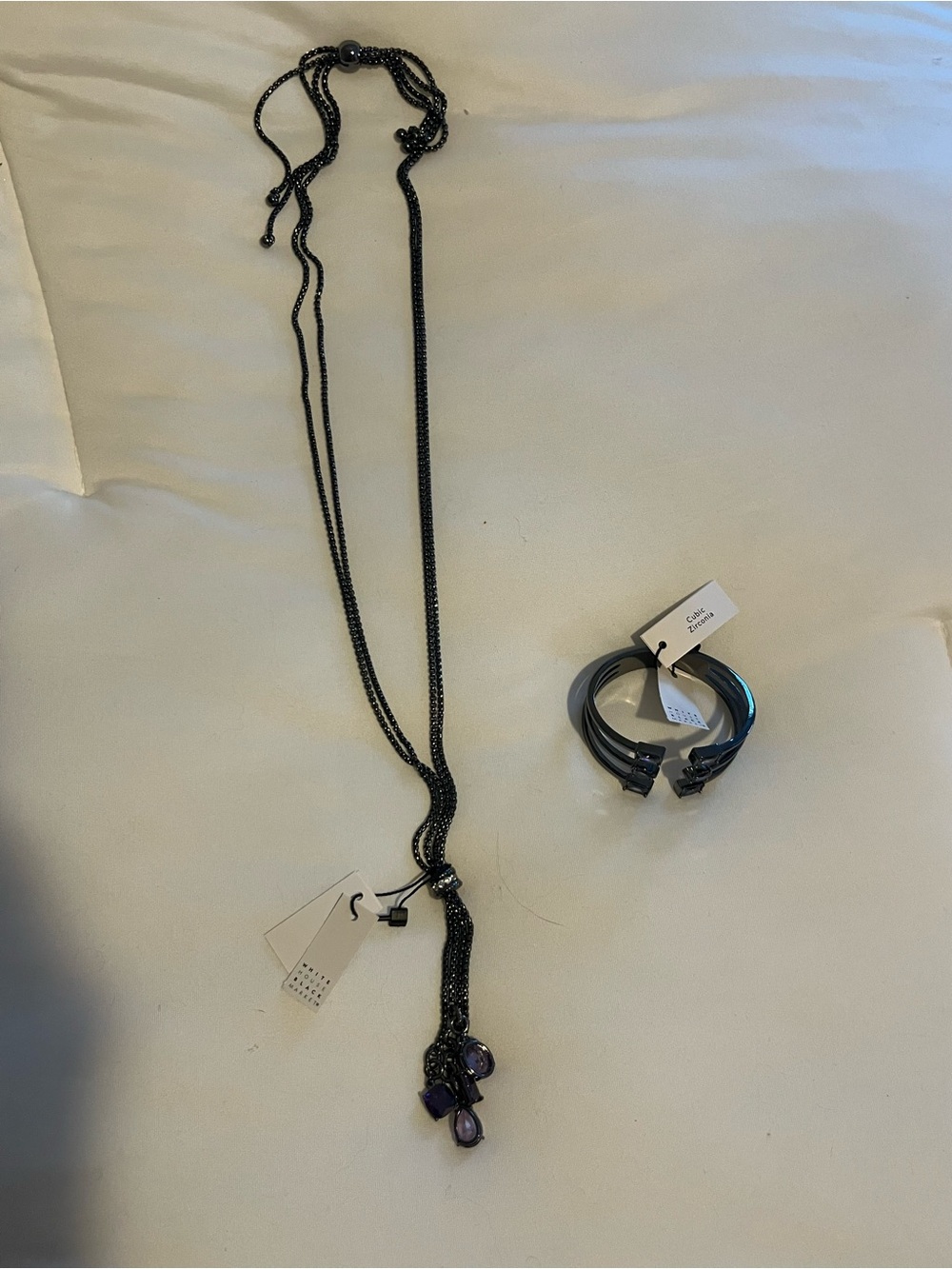 WHBM Gunmetal Multi-Strand Plum Jewel Y-Necklace & Matching Cuff NWT